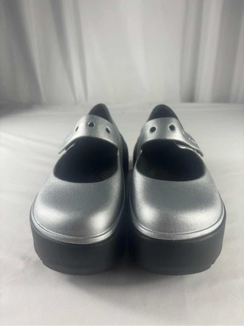 CROCS Metallic Silver Mary Jane Platform Clogs